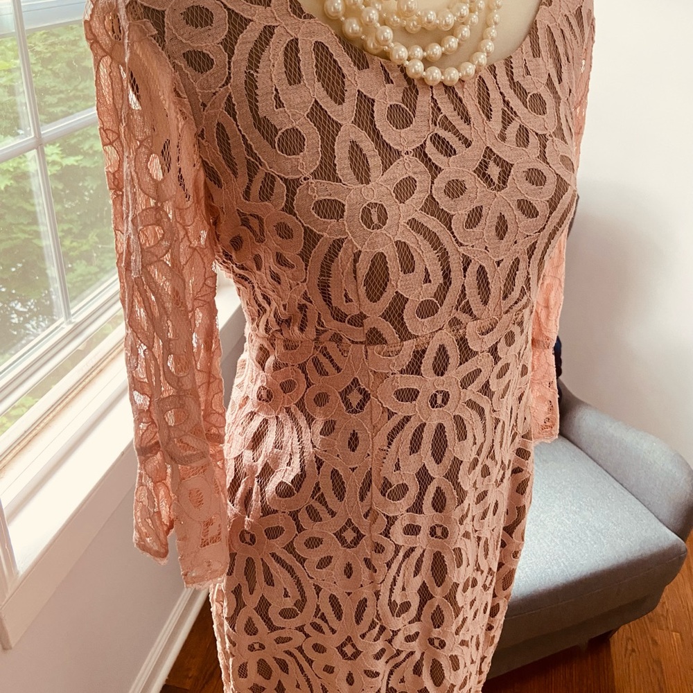 Apricot /taupe scoop neck, knee length dress with bell sleeves